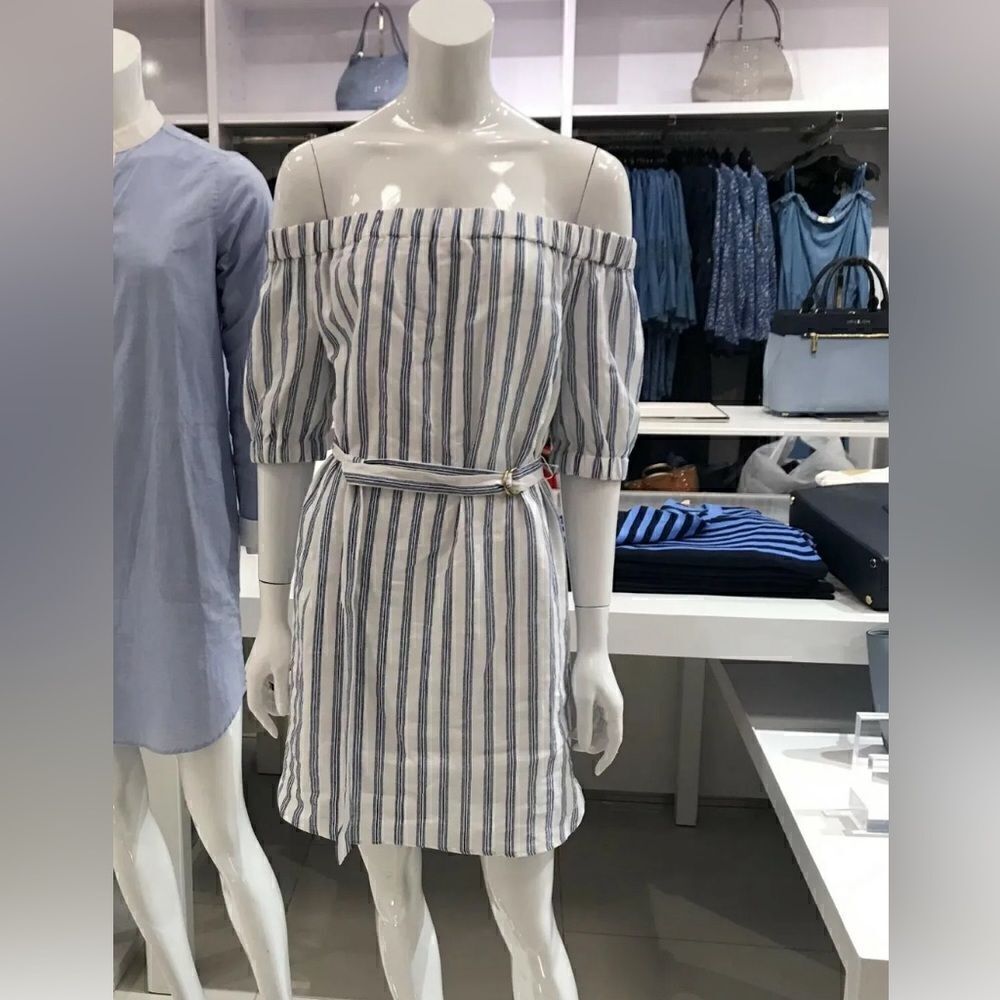 NWT Michael Kors Stripped Linen Off-the-shoulder Dress Size XS White Blue